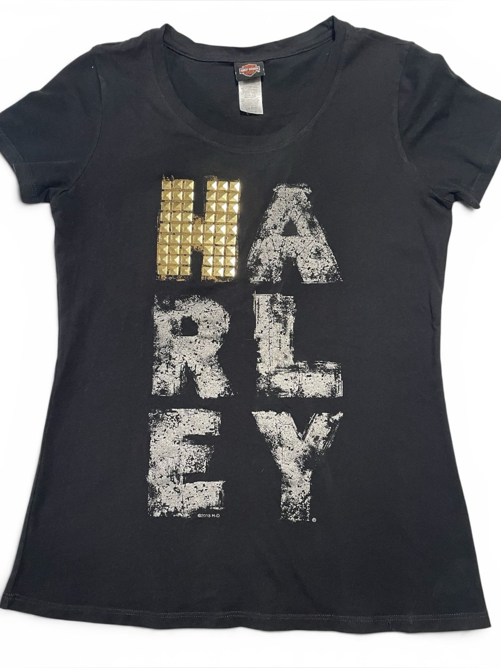 Harley-Davidson Black Short Sleeve Tee with Gold Stud 'H' Accent. Size M